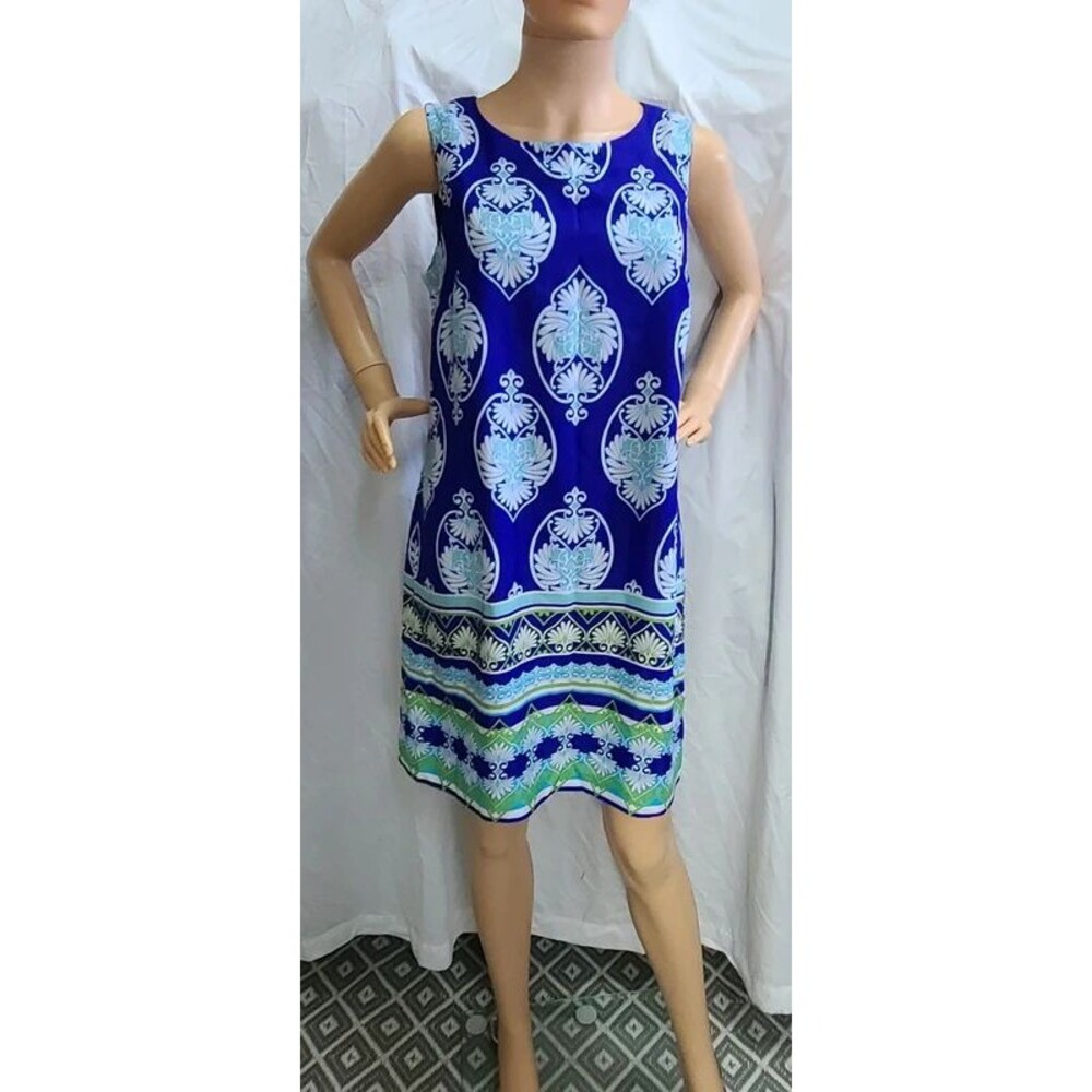 Madison Leigh Size 10 Blue Green Floral Scroll Sleeveless Shift Dress